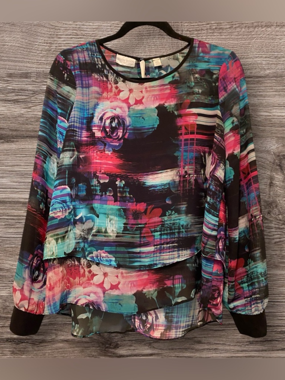 Bisou Bisou Abstract Floral Layered Chiffon Blouse in Black and Teal